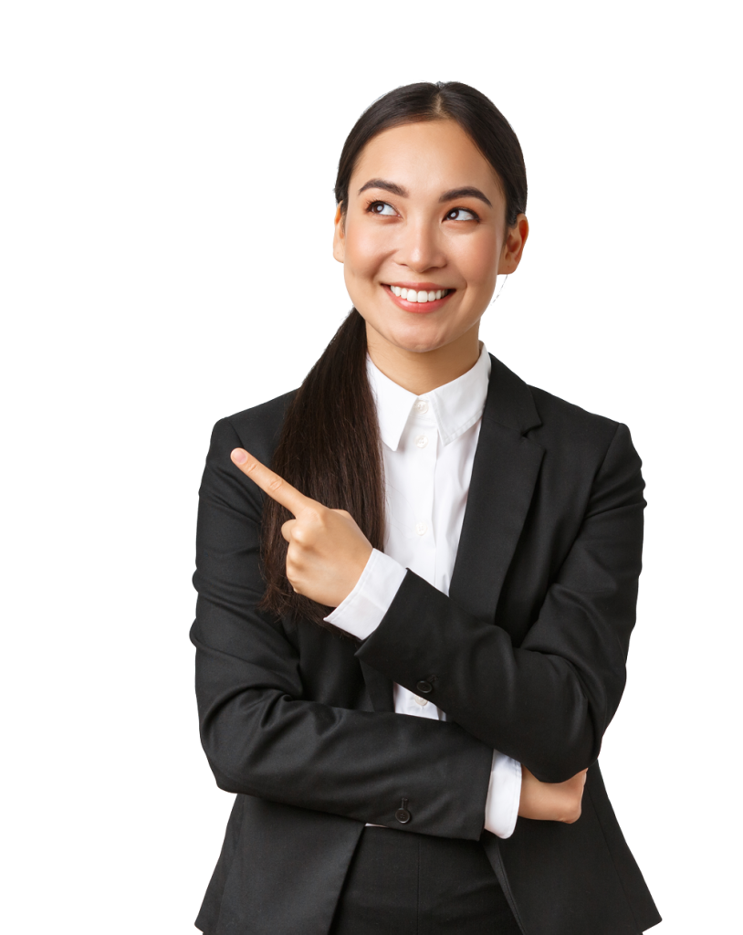 woman in business suit pointing at the text